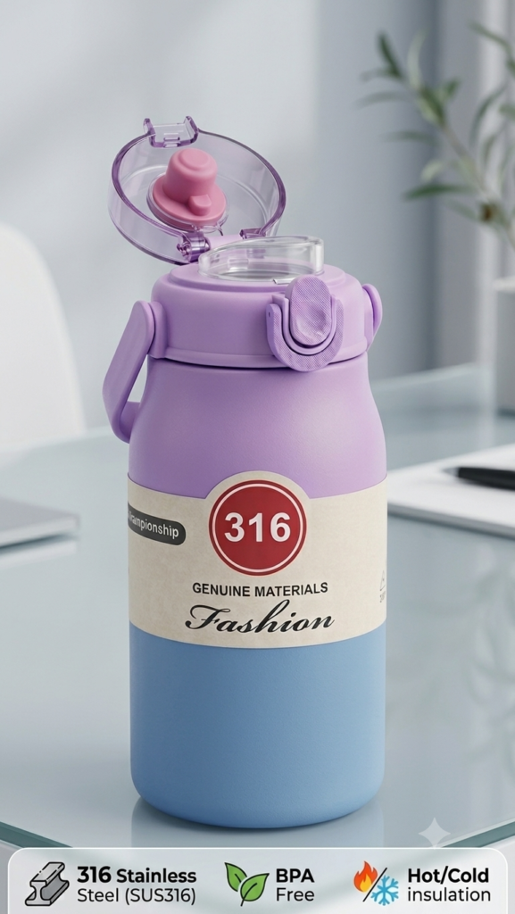 316 Stainless Steel Vacuum Insulated Water Bottle with Flip-Top Lid & Straw | Hot & Cold
