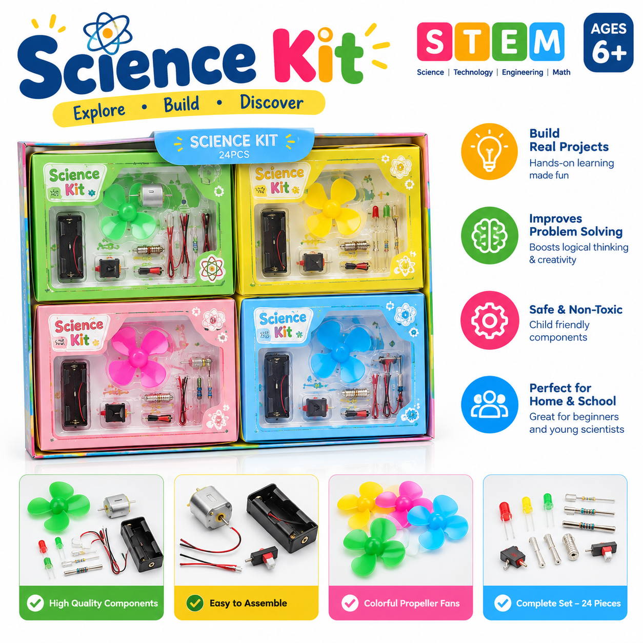 DIY Science Experiment Kit for Kids 6+ | Educational STEM Learning Kit with DC Motor, Propeller, Battery Holder, Wires, LEDs & Switch - Image 2
