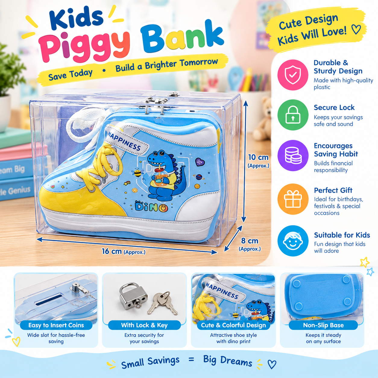 Kids Sneaker-Shaped Piggy Bank with Lock & Key | Cute Dinosaur Money Saving Box for Boys & Girls
