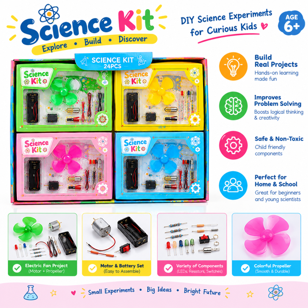 DIY Science Experiment Kit for Kids 6+ | Educational STEM Learning Kit with DC Motor, Propeller, Battery Holder, Wires, LEDs & Switch