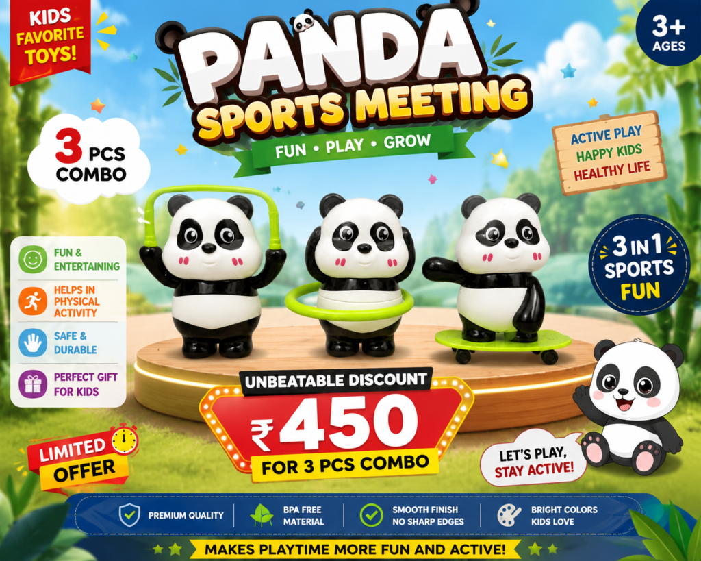 Vibes Special Cute Panda Sports Combo (3 Pcs Set) – Moving Action Figures for Kids