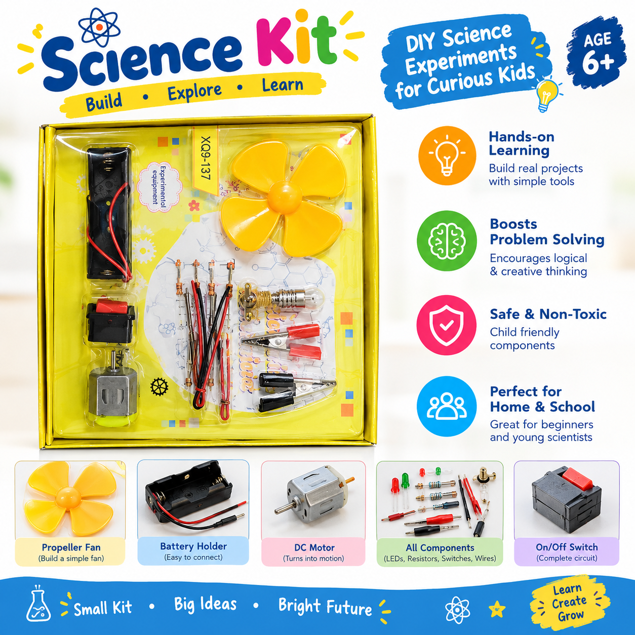 DIY Science Experiment Kit for Kids 6+ | Educational STEM Learning Kit with DC Motor, Propeller, Battery Holder, Wires, LEDs & Switch - Image 3