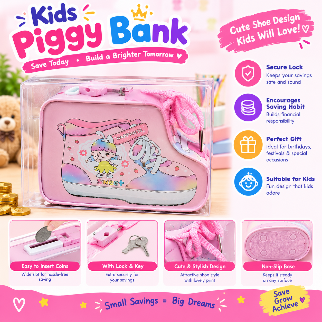 Kids Sneaker-Shaped Piggy Bank with Lock & Key | Cute Dinosaur Money Saving Box for Boys & Girls - Image 2
