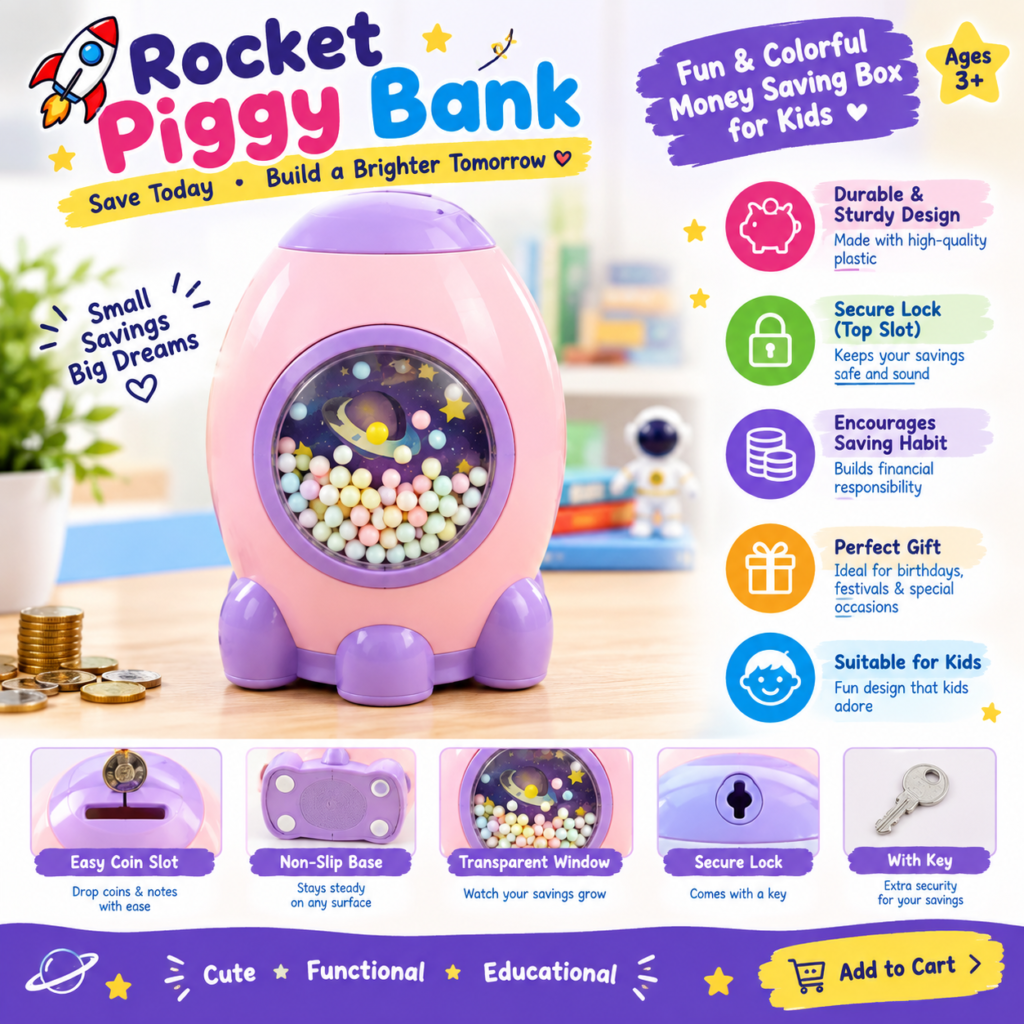 Rocket Piggy Bank for Kids – Cute Space-Themed Money Saving Box with Secure Lock & Key