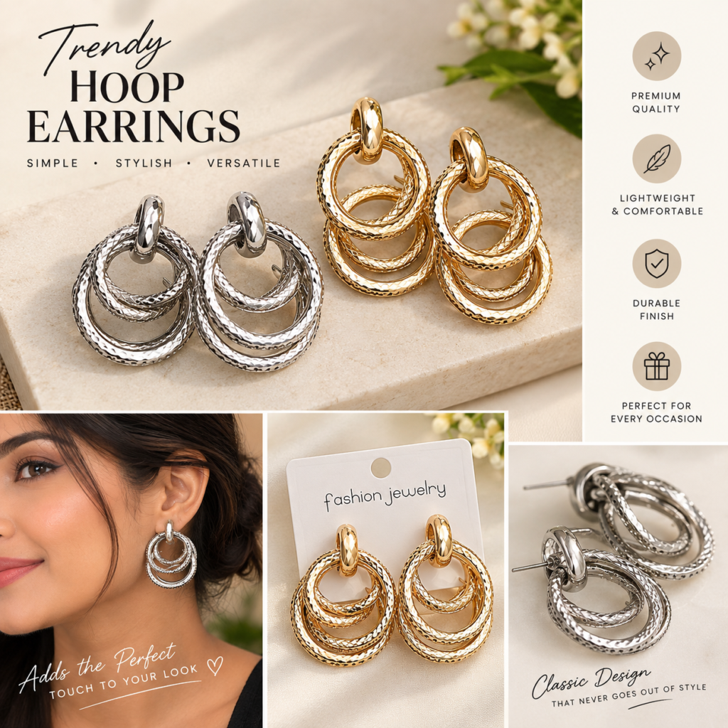 Elegant Textured Multi-Tier Hoop Earrings (Gold & Silver Finish) [ ANY 1 ]