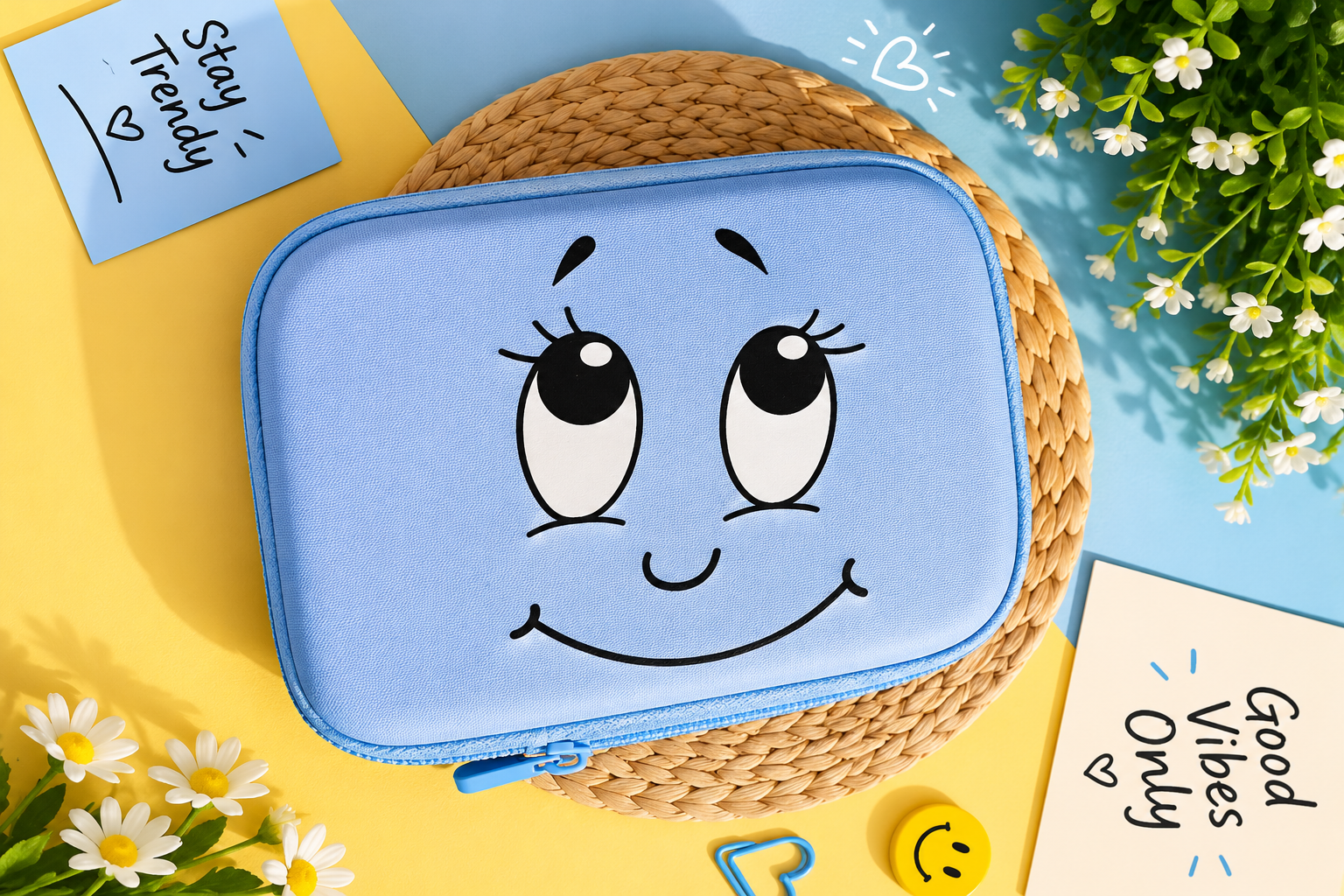Cute Smiley Face Zipper Pouch | Trendy Cartoon Pouch for Kids & Girls | Multipurpose Storage Case - Image 2