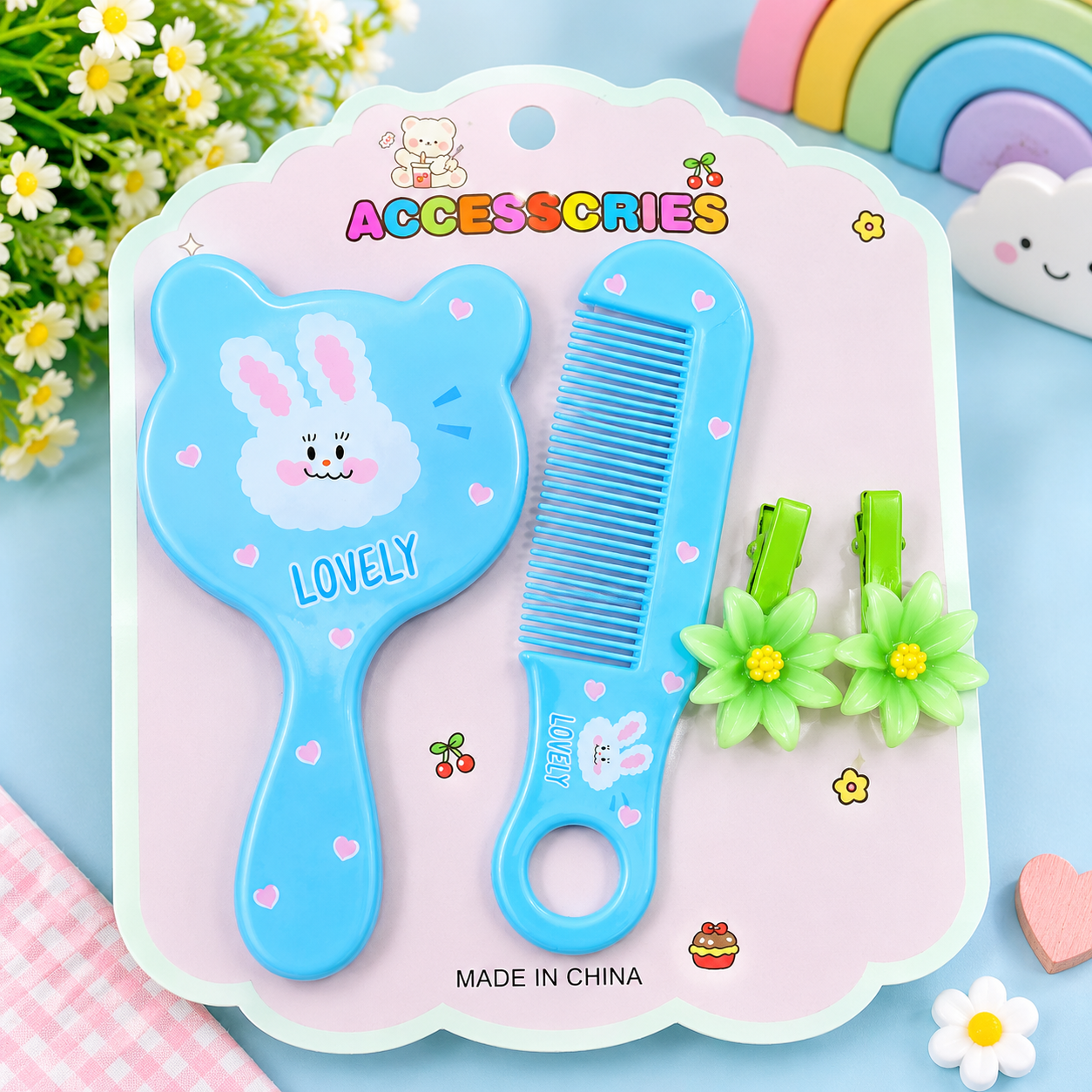 Cute Kids Girls Accessories Set | Cartoon Hair Comb, Flower Hair Clips & Trendy Sunglasses | Gift Set - Image 3