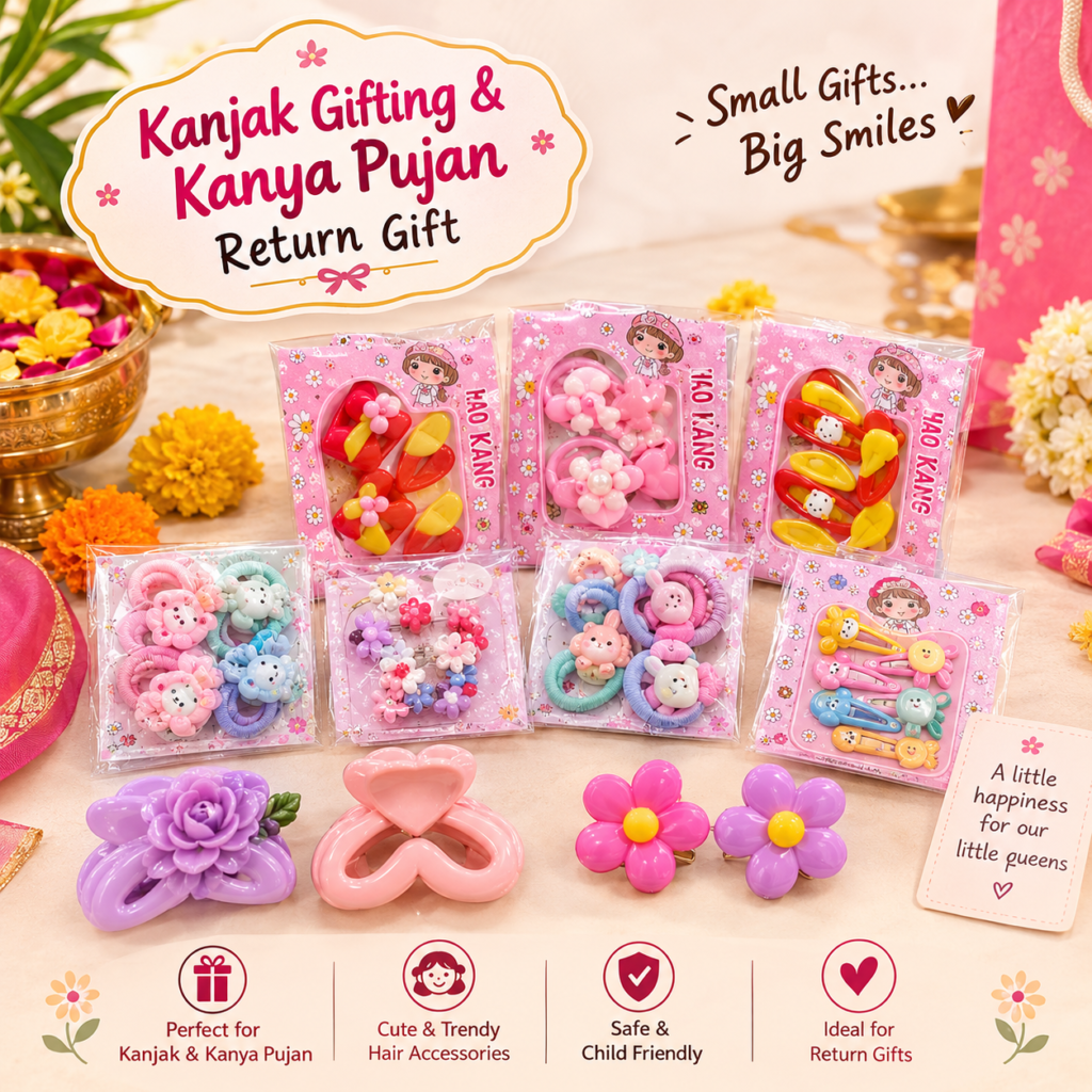 Curated Kanjak Gifting Set for Girls | Kids Hair Accessories Gift Hamper with Cute Clips, Hair Bands & Colourful Accessories [ 1 FROM EACH ]