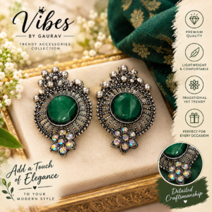Vibes By Gaurav Oxidised Silver-Plated Green & Pink Stone Studded Traditional Statement Earrings for Women & Girls [ ANY 1 ]