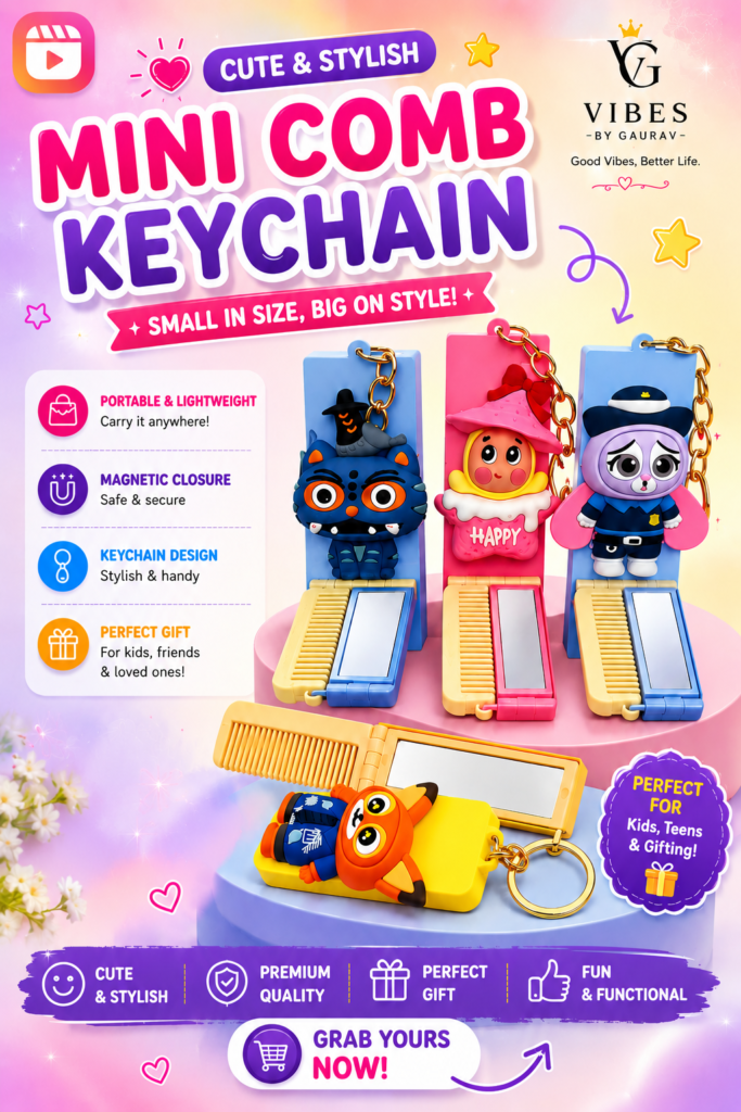 Cute Mini Comb Keychain for Kids & Teens – Portable Folding Comb with Mirror, Cartoon Design & Key Ring