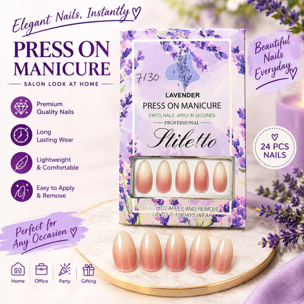 Lavender Floral Press-On Nails – 24 Pcs Nude Pink Ombre False Nails | Reusable-Style Instant Manicure for Women & Girls