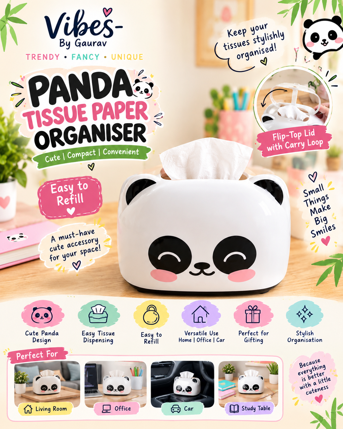 Panda Tissue Box Holder for Home, Office & Car | Vibes By Gaurav