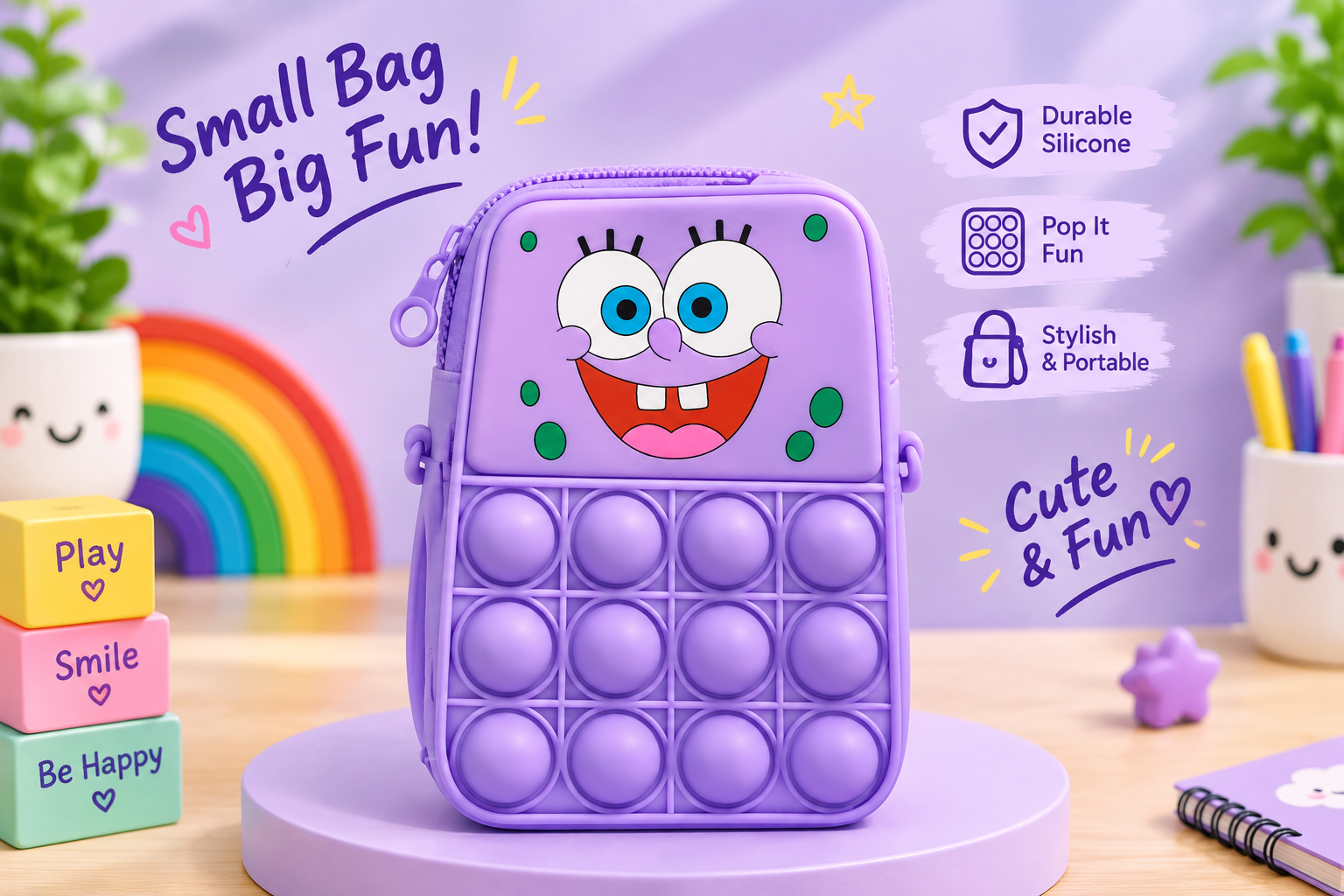 Kids Pop It Fidget Toy Pouch – Cute Cartoon Silicone Bubble Sensory Toy for Kids - Image 3