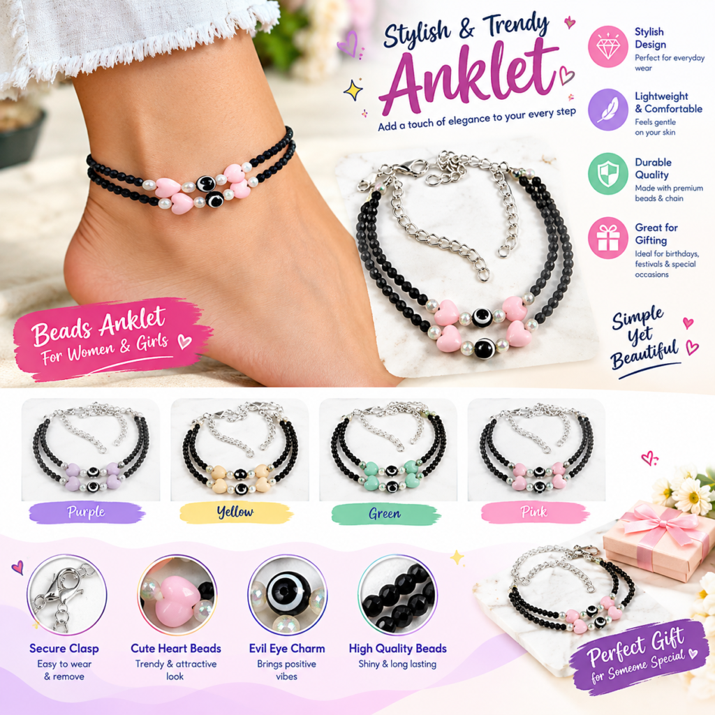 Beaded Anklet for Women & Girls – Black Crystal Beads with Colorful Heart & Evil Eye Charms