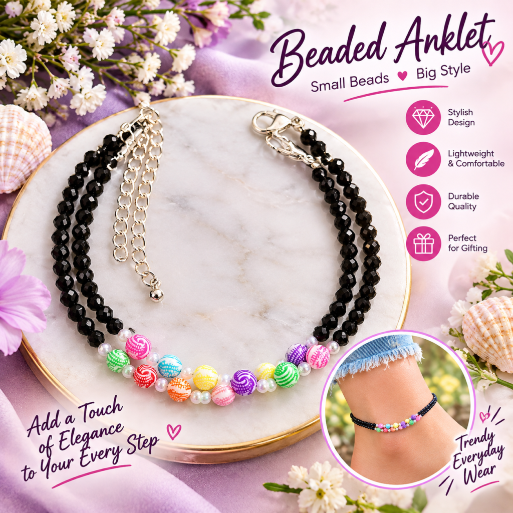 Women’s Black Beaded Anklet with Colorful Beads & Pearls | Adjustable Fashion Payal for Girls & Women