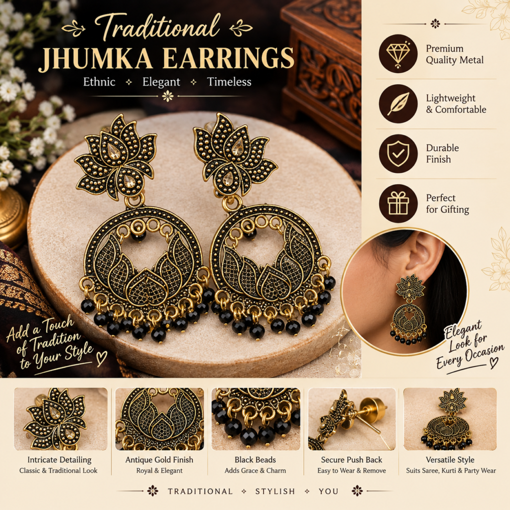Traditional Lotus Jhumka Earrings for Women – Handmade Ethnic Gold-Tone Chandbali Earrings with Colorful Beads ( ANY 1 )